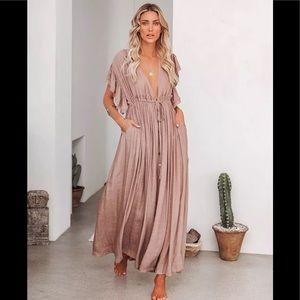Muted Mauve Boho Gauze Boho Button Flutter Sheer Maxi Dress W/Adjustable Waist